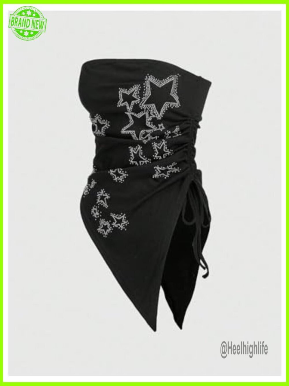 Strapless Ruched Tank Top with Rhinestone Star Asymmetrical Hem Rave Top - Picture 3 of 6
